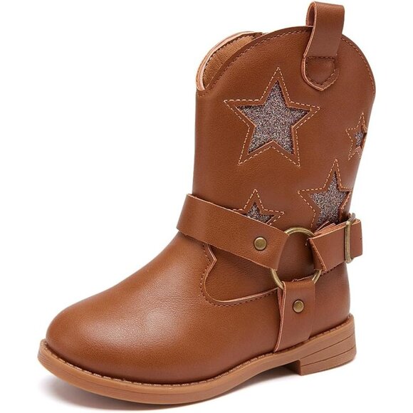 ⚡Girls 2-Brown Microfiber Little Kids Mid Calf Western Pointed Toe Riding Boots - Picture 1 of 6